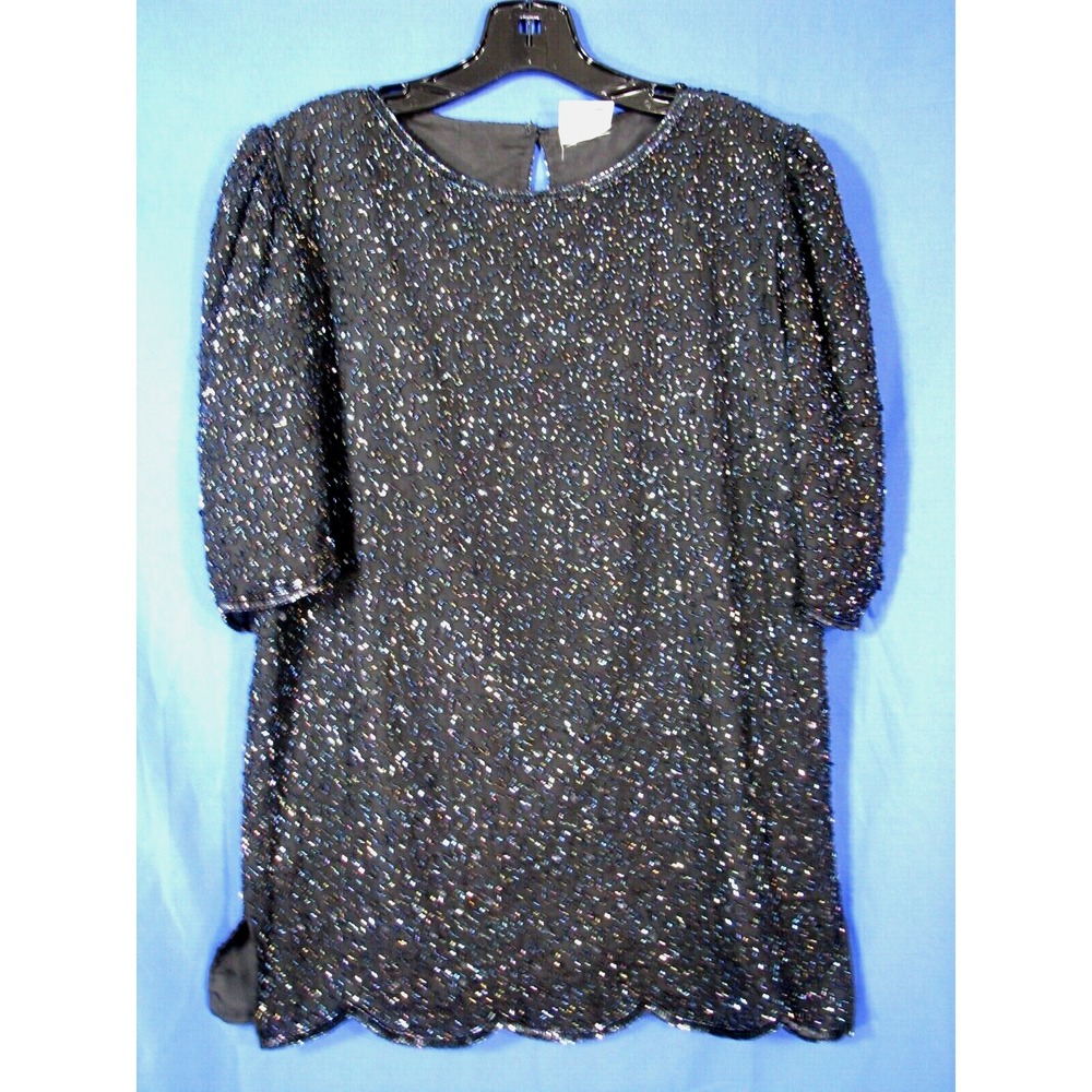 Vintage SILK BEADED TOP SHIRT BLOUSE Black Iridescent Beads COCKTAIL CLUB sz XS